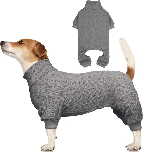 Vista 9 de Suéter de perro cuello alto tejido con botones para mascotas, color sólido, suéter para cachorros, suéter cálido para perros pequeños (Gris y XS)