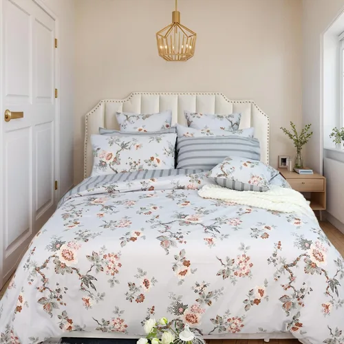 Vista 34 de FADFAY Juego de funda de edredón Twin, elegante ropa de cama floral shabby beige con estampado de pájaros y flores, juego de funda de edredón