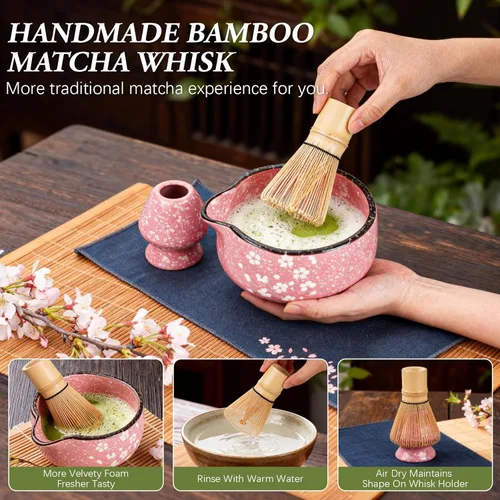 Vista 5 de Juego de Batidores de Matcha, 7 Piezas Juegos de Matcha de Cerámica con Cuenco, Batidor de Bambú y Soporte, Toalla, Tamiz, Cuchara de Bambú