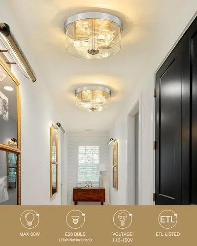 Vista 2 de Emak FM082-BN - Lámpara de techo de níquel cepillado de 2 luces, de 11 pulgadas, con pantalla de vidrio semillado para dormitorio, sala de estar