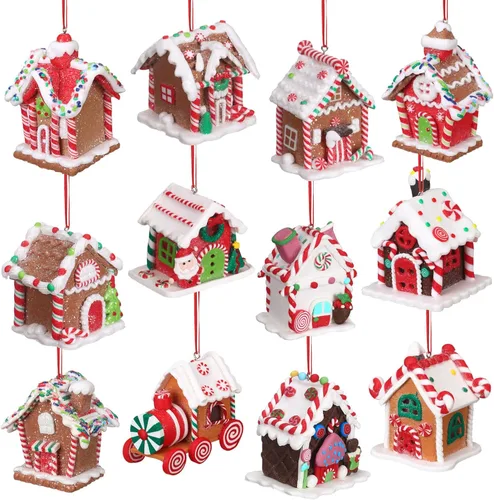 Vista 8 de Funtery 6 piezas Adornos de casa de pan de jengibre para árbol de Navidad, decoración navideña de pan de jengibre con cuerda, adornos navideños