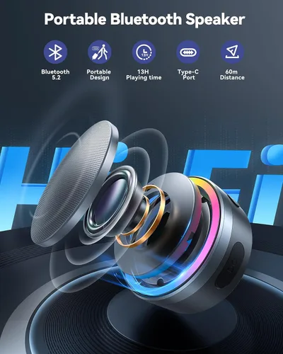 Vista 3 de TECKNET Timbre inalámbrico con altavoz Bluetooth, timbre portátil 2 en 1 con luz RGB, 100dB y modo silencioso, altavoz Bluetooth con sonido estéreo