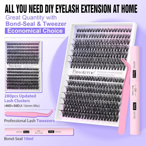 Vista 18 de Kit de extensión de pestañas Pawotence DIY 280 piezas, racimos de pestañas, kit de extensión de pestañas, 9-16mm, 30D, 40D, pestañas individuales