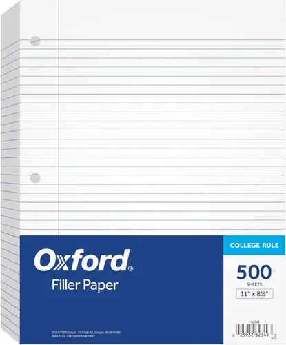 Oxford Hojas sueltas para carpeta, 500 hojas, papel de cuaderno de repuesto reglamentario de la universidad, 8 1/2 x 11 pulgadas, con 3