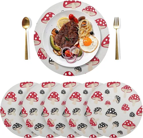 Vista 3 de Stylized Red Black Mushrooms Dinner Table Placemats, Non Slip Placemats Round Washable for Kitchen Table one sizex1