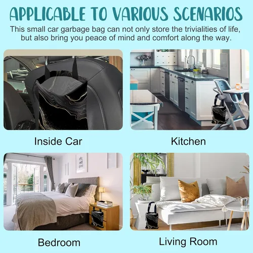 Vista 7 de Bolsa de basura para automóvil, diseño abstracto de mármol dorado con cordón ajustable, bolsa de basura para colgar para asiento trasero con hebilla