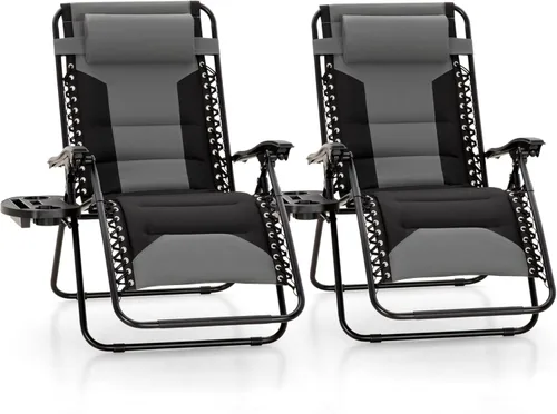 MFSTUDIO Juego de 2 sillas acolchadas de gravedad cero, reclinables plegables para patio con almohadas ajustables y portavasos para patio trasero