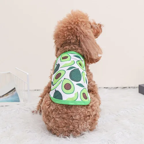 Vista 3 de Camiseta para perro, encantadora camiseta de perros con estampado de frutas de dibujos animados, tirantes para mascotas con estampado de aguacate