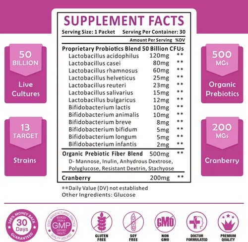 Vista 7 de Probiotics for Women Digestive Health, 50 Billion CFU, 13 Strains, Women's Probiotics Powder with Cranberry for Urinary & Vaginal Health, Probiotics