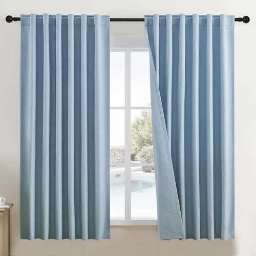 Vista 28 de DUALIFE - Cortinas de lino opacas beige de 54 pulgadas de largo, con pestaña trasera y bolsillo para cortinero, cortinas estrechas para dormitorio