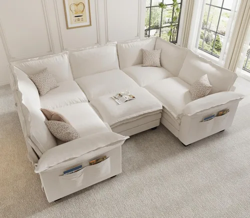 Vista 18 de KKL Sofá cama modular seccional, sofá de nube de 4 plazas con otomana, sofás seccionales de felpilla para sala de estar, apartamento, beige