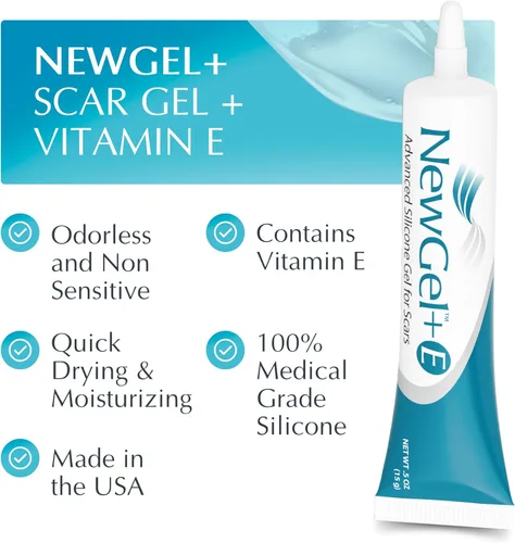 Vista 2 de NewGel+E Gel avanzado de silicona para tratamiento de cicatrices para cicatrices viejas y nuevas con vitamina E, para cirugía, lesiones, queloides