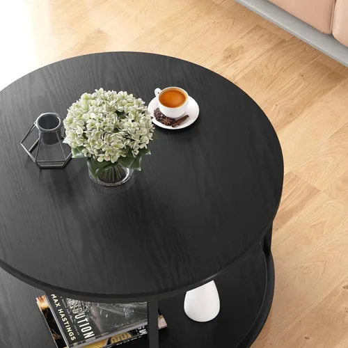 Vista 4 de NSdirect Mesa auxiliar redonda, mesa de centro pequeña de 25.6 pulgadas para sala de estar, escritorio de madera rústica de 2 niveles con estante