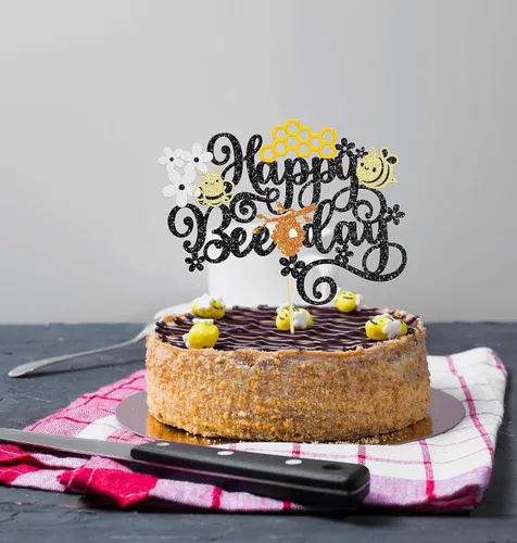 Vista 4 de Gyufise Decoración para pastel de feliz día de abeja, flor de panal con purpurina de abejorro, decoración de pastel de cumpleaños para temática
