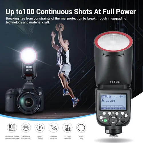 Vista 5 de Godox V1Pro-C versión USA Flash para Canon, V1Pro-CU Flash de cámara Speedlite con subflash desmontable, batería de carga USB-C, luz de modelado