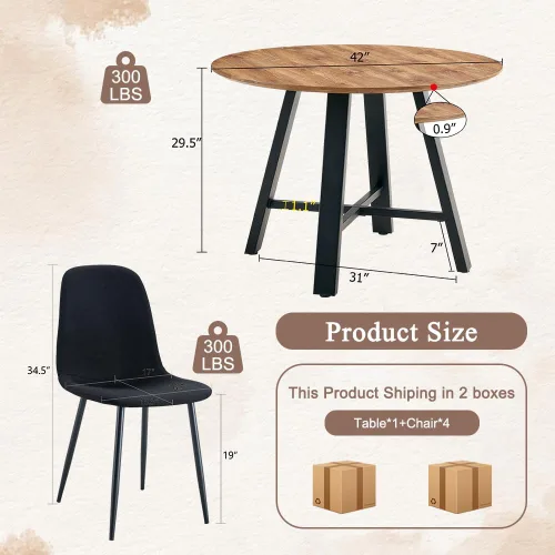 Vista 3 de Juego de 4 mesas de comedor redondas de 42 pulgadas para 4, sillas de mesa de cocina modernas, juego de 4 sillas tapizadas de madera con patas