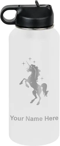Vista 28 de LaserGram Botella de agua de doble pared abatible de 12 onzas con pajita, unicornio, grabado personalizado incluido (rosa)