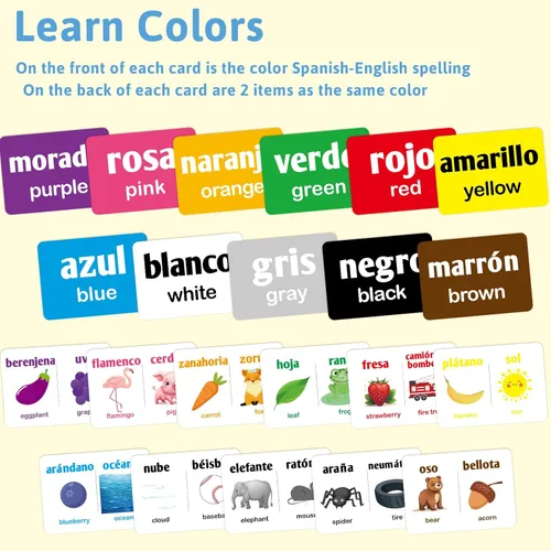 Vista 4 de Ceiba Tree Tarjetas didácticas en español, 100 tarjetas bilingües de inglés a español, vocabulario, alfabeto, números, colores, juguetes educativos