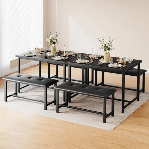 Vista 3 de IDEALHOUSE Juego de mesa de comedor para 4, mesa de cocina con banco tapizado, juego de mesa de comedor rectangular de 3 piezas con 2 bancos