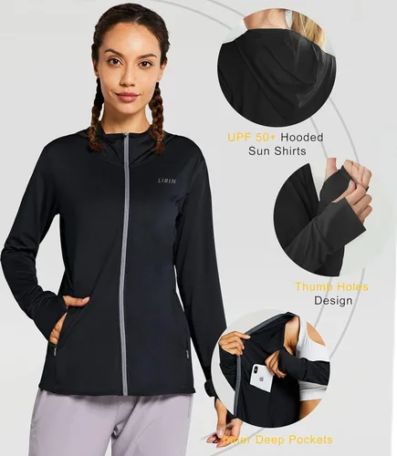 Vista 4 de Libin sudadera con capucha para mujer, con cremallera completa, UPF 50+, capucha con protección solar, de manga larga, para senderismo