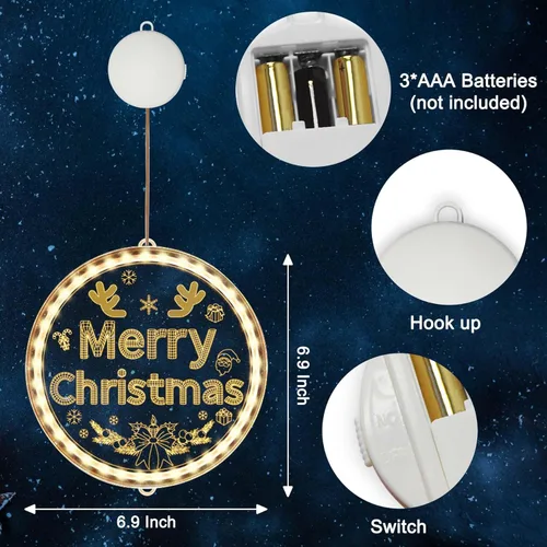 Vista 6 de Adorno de luz de ventana de Navidad, funciona con pilas, para colgar en la ventana de Navidad, luz blanca cálida brillante con ventosa LED
