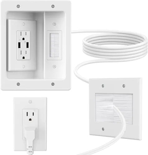 Vista 10 de Kit corrector de cable de pared con placa de pared de cepillo, caja de salida empotrada, cable de 9 pies, pasador de 2 bandas para gestión de cables