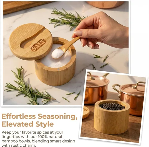 Vista 7 de Lawei Paquete de 2 cuencos de bambú para sal y pimienta, recipiente redondo para sal con tapas magnéticas giratorias y cucharas, bodegas de sal