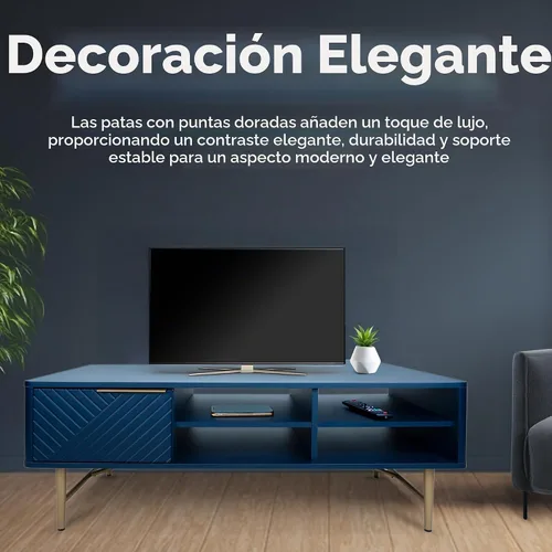 Vista 7 de Mesa de centro moderna con almacenamiento, acabado mate azul oscuro con patas doradas, mesa de centro cuadrada para sala de estar y granja