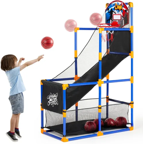JOYIN Juego de baloncesto arcade con 4 pelotas y aro para niños de 3 a 12 años de edad, juego deportivo en interiores y exteriores, fácil de