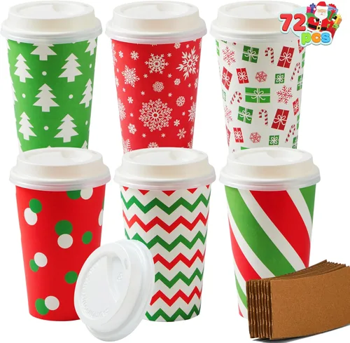 Vista 8 de JOYIN 72 vasos de papel desechables de Navidad, tazas de café de 16 onzas con fundas y tapas, 6 diseños de tazas de té de Navidad, vajilla