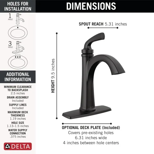 Vista 5 de Delta Geist - Grifo de baño negro mate de un solo agujero, grifo de lavabo de baño para mueble, conjunto de desagüe con botón de expulsión, negro