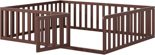 Vista 6 de Merax Marco de cama de piso de madera tamaño Queen con valla y puerta (nogal)