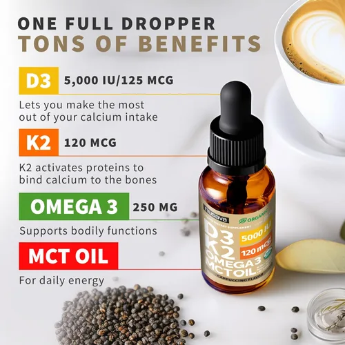 Vista 3 de Paquete de 2 gotas orgánicas de vitamina D3 K2 con aceite MCT Omega 3, 5000 UI, líquido de vitamina D de máxima fuerza, sin rellenos, líquido sin