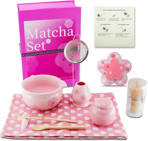 Juego de 10 batidores de matcha, kit de fabricación de té matcha japonés con batidor de bambú, cuenco de cerámica, herramientas completas de