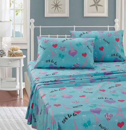 Kids Zone Home Linen Juego de sábanas Aqua Paris para niñas/adolescentes París Torre Eiffel corazones mariposas Nuevo # Aqua Paris (Individual)