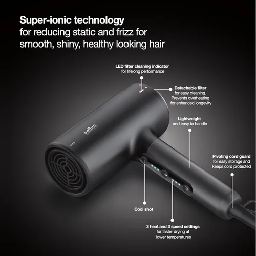 Vista 2 de Braun Secador de pelo con difusor, secador de pelo con tecnología súper iónica que reduce la estática y el encrespamiento para un cabello suave