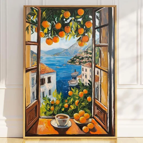 Arte de pared abstracto de Matisse con imagen costera azul, póster de Henri Matisse con ventana abierta, vintage, impresión naranja abstracta, Arte