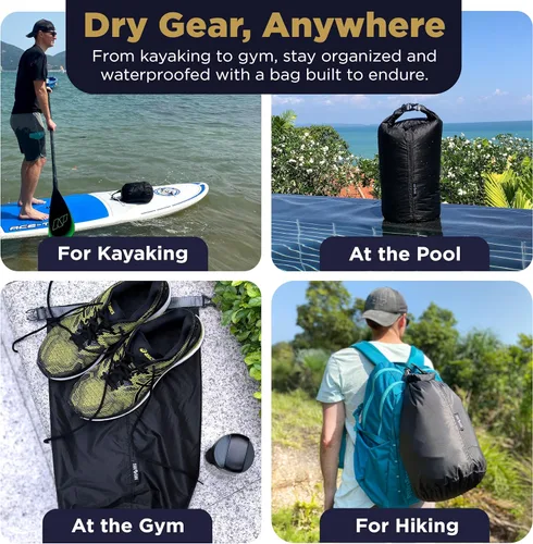 Vista 3 de Bolsa seca pequeña impermeable de 10L para kayak, senderismo, playa y campamento Bolsa lateral ligera y duradera, negra, pequeña, ligera