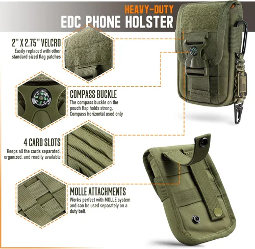 Vista 6 de WYNEX Funda táctica Molle para teléfono con hebilla de brújula, funda táctica Molle para teléfono universal, bolsa de cinturón y cintura para iPhone