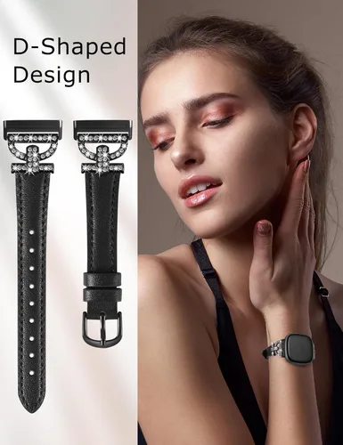 Vista 6 de Minyee Correas de cuero compatibles con Fitbit Versa 4/Versa 3/Sense 2/Sense Band para mujer, correa de cuero delgada elegante con diamantes