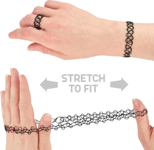 Vista 3 de EXPRESSIONS Colección de Joyería Elástica para Tatuajes de 3 Piezas Surtidas - Conjunto de Collar Gargantilla de Tatuaje, Pulsera y Anillo Negro