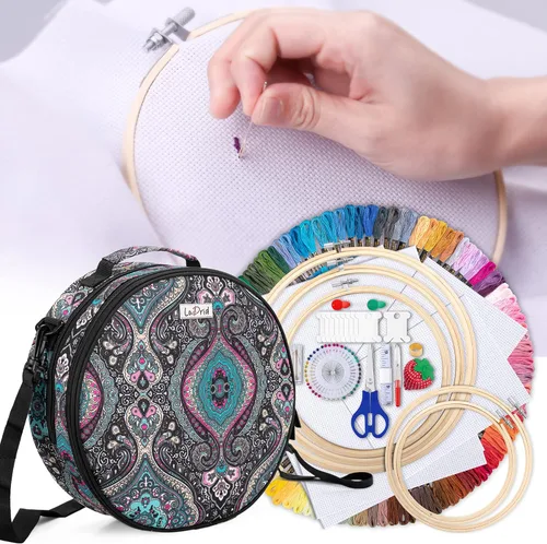 Vista 6 de LoDrid Kit de bordado, bolsa de almacenamiento redonda de doble capa con kit completo de herramientas de punto de cruz, kits de iniciación