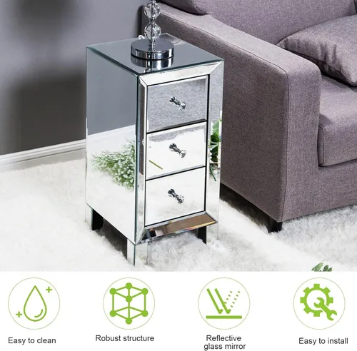 Vista 33 de HomVent Mesita de noche con espejo, mesa auxiliar con espejo, mesa de noche pequeña de cristal plateado para dormitorio, sala de estar