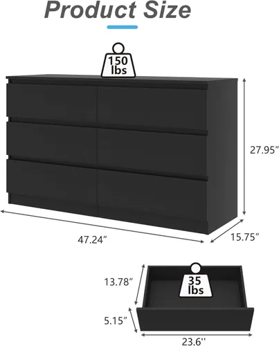 Vista 3 de VERYKE Cómoda negra de 6 cajones para dormitorio, cómoda con diseño sin asas para armario, mueble de almacenamiento moderno de madera para dormitorio