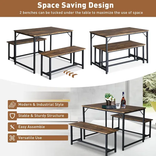 Vista 4 de Juego de mesa de cocina con 2 bancos, juego de mesa de rincón de desayuno, juego de mesa de comedor de madera para 4 personas que ahorra espacio