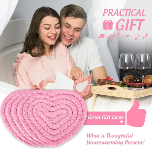 Vista 7 de Whaline Posavasos con forma de corazón, hechos a mano, trenzados, de algodón, absorbentes, con soporte, para graduación, boda, cumpleaños, baby