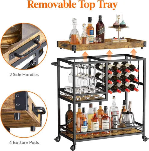 Vista 6 de Lifewit Carrito de bar, carrito de servicio de bar en casa, carrito de bebidas de 3 niveles con 12 estantes para botellas de vino, carrito
