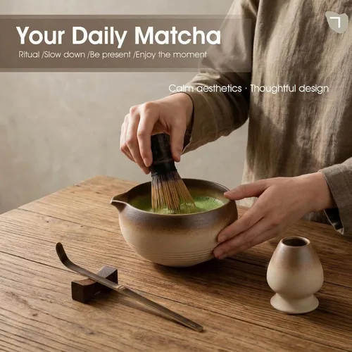 Vista 4 de Juego de batidor de matcha, kit de 5 piezas con cuenco de cerámica matcha, batidor de bambú, cuchara, juego completo de té Matcha perfecto