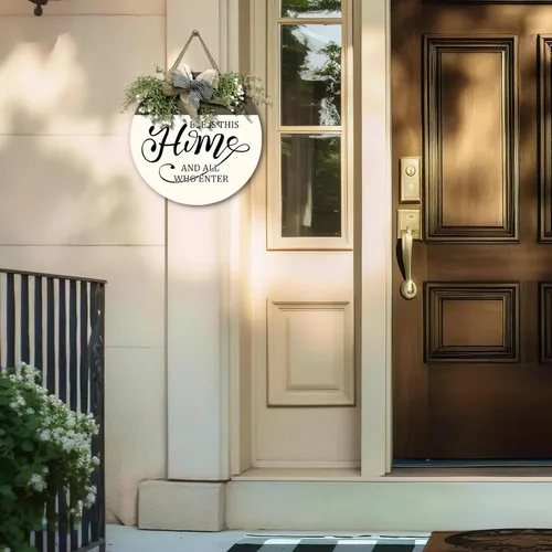 Vista 6 de Bless This Home - Letrero de puerta delantera con corona de bienvenida de granja, letrero redondo de madera con lazo verde para colgar en la pared