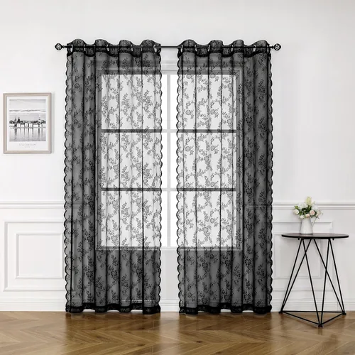 Vista 14 de Cortinas traslúcidas de encaje rosa para dormitorio, 55 x 54 pulgadas, paneles de cortina de encaje con rosas florales francesas, cortinas duraderas